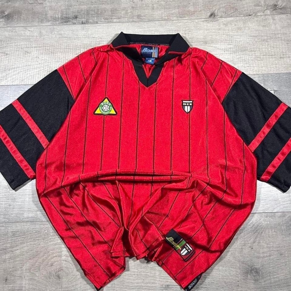 Rare vintage boss jeans, embroidered patch, red and black soccer football jersey